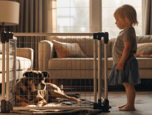 hund ruht sicher hinter schutzgitter nach tierarztbesuch