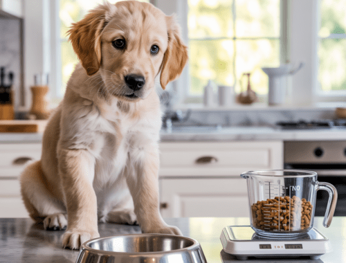 Welpe frisst Welpenfutter, Portion wird mit Waage abgewogen.