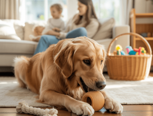 hund kaut auf naturkautschuk spielzeug neben baumwollseil im wohnzimmer