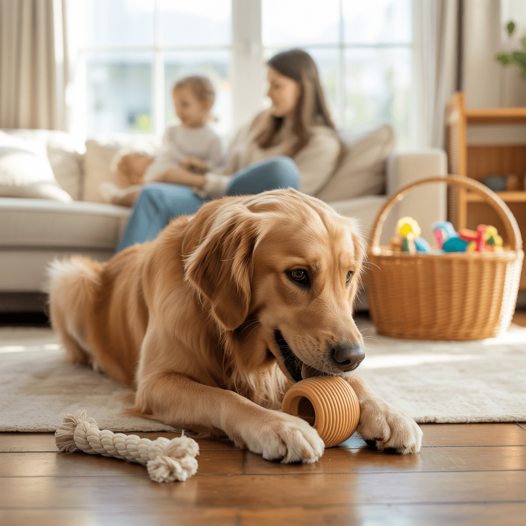 hund kaut auf naturkautschuk spielzeug neben baumwollseil im wohnzimmer