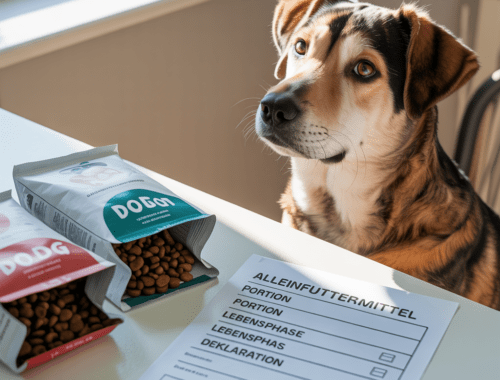 vergleich von hundefutter mit checkliste auf dem küchentisch