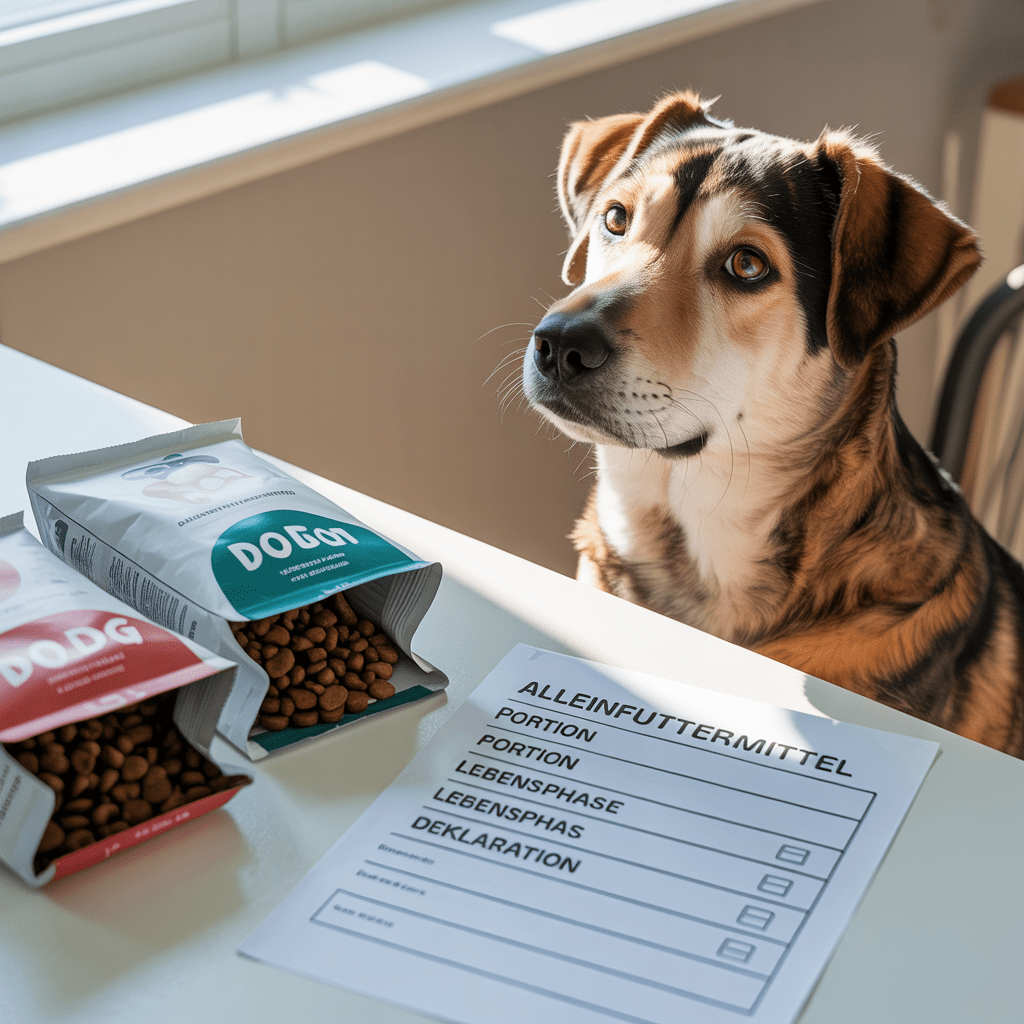 vergleich von hundefutter mit checkliste auf dem küchentisch