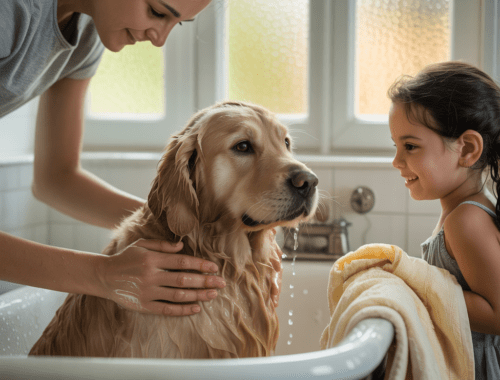 familie wäscht hund mit mildem shampoo und handtuch