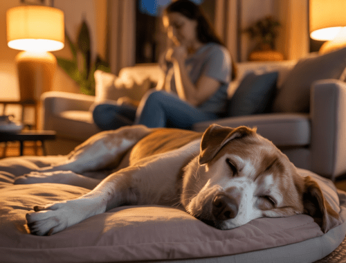 Hund schläft entspannt in Seitenlage und schnarcht leise