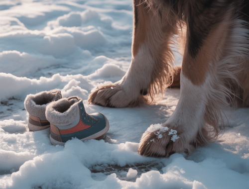 Hundepfoten im Schnee neben Kinderstiefeln, Winterspaziergang