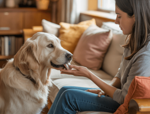 Hund leckt die Hand seines Menschen beim Kuscheln auf dem Sofa