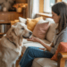 Hund leckt die Hand seines Menschen beim Kuscheln auf dem Sofa