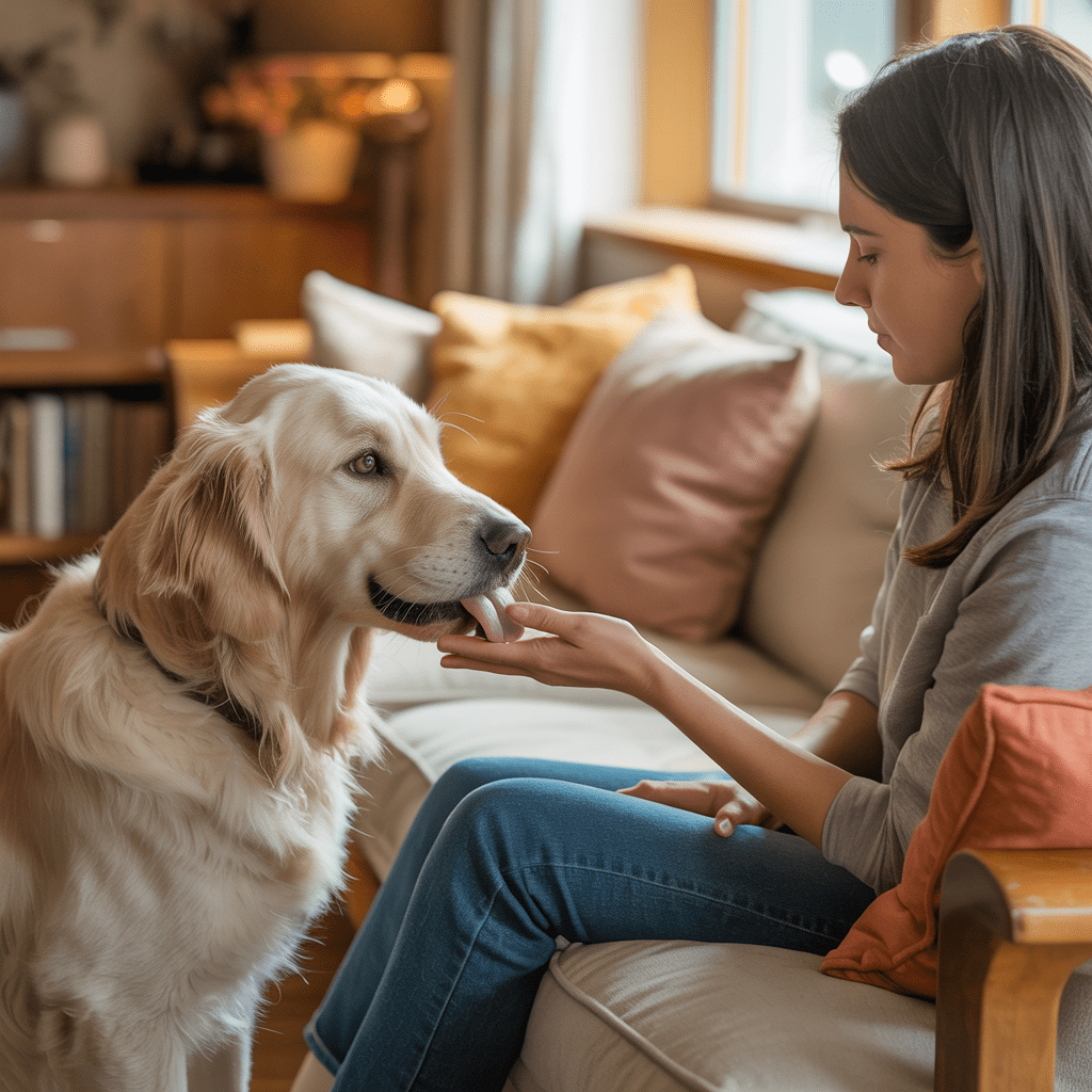 Hund leckt die Hand seines Menschen beim Kuscheln auf dem Sofa
