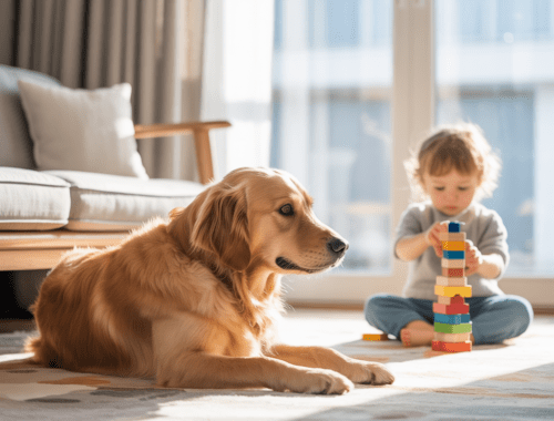 hund entspannt auf decke während kind im hintergrund spielt