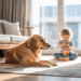 hund entspannt auf decke während kind im hintergrund spielt