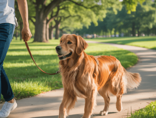 Hund läuft entspannt an lockerer Leine neben dem Menschen