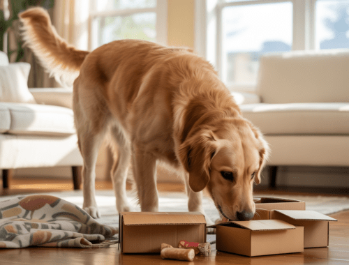 Hund macht futtersuche in kartons im wohnzimmer