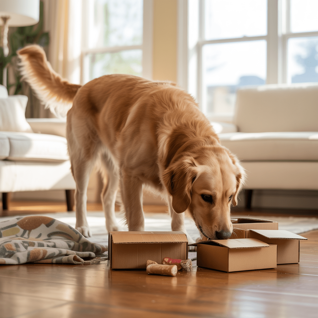 Hund macht futtersuche in kartons im wohnzimmer