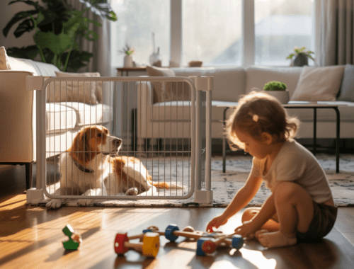 hund ruht sicher hinter türgitter während kind spielt
