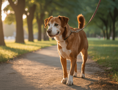 Hund erkundet neue Umgebung entspannt an lockerer Leine