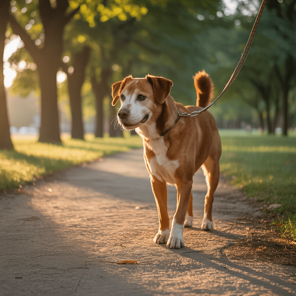 Hund erkundet neue Umgebung entspannt an lockerer Leine