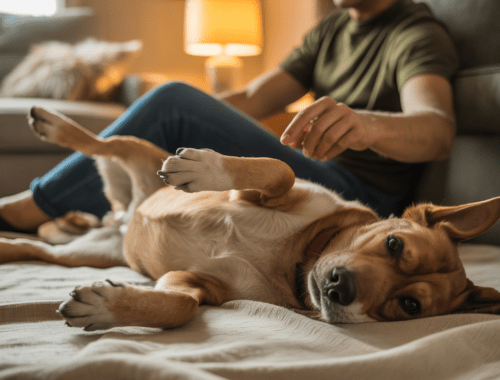 Hund zeigt entspannt den Bauch, Mensch respektiert Abstand