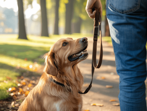 hund orientiert sich am menschen beim leinentraining im alltag