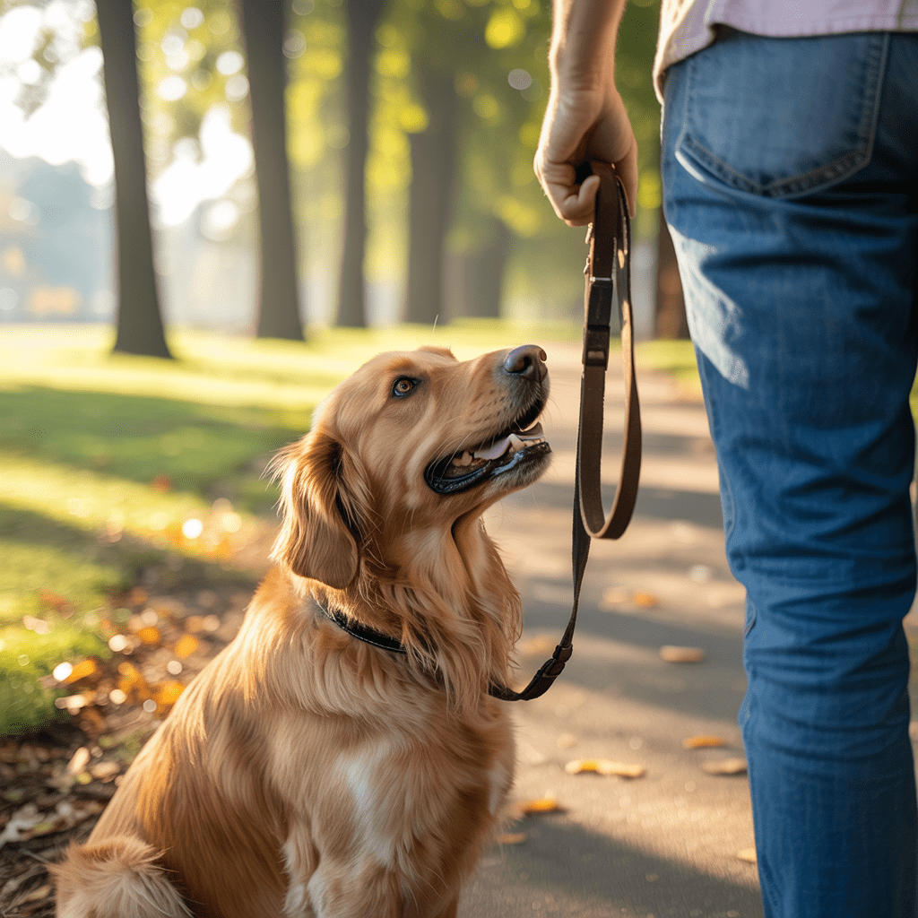 hund orientiert sich am menschen beim leinentraining im alltag