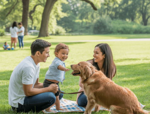 Familie mit Kind und mittelgroßem Hund beim entspannten Spaziergang im Park