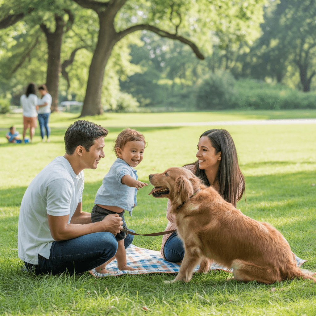 Familie mit Kind und mittelgroßem Hund beim entspannten Spaziergang im Park