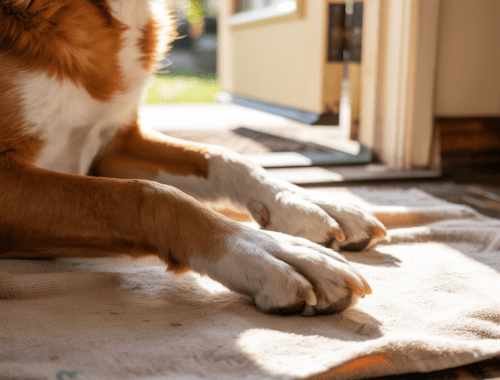 hundepfote wird nach dem spaziergang auf handtuch kontrolliert