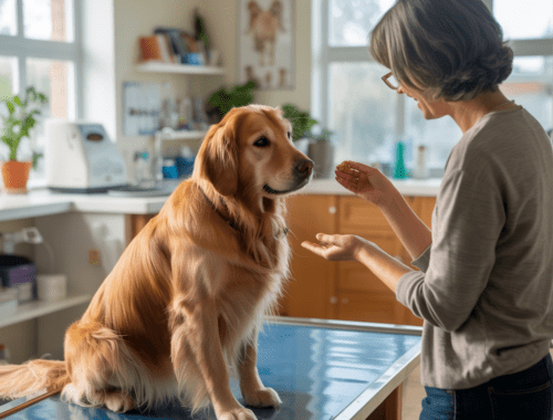 Vorsorgeuntersuchung beim Hund mit ruhiger Belohnung.
