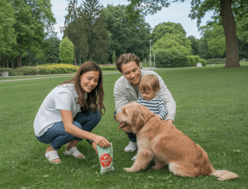 Hundekot wird hygienisch aufgenommen, Kind hält sicheren Abstand