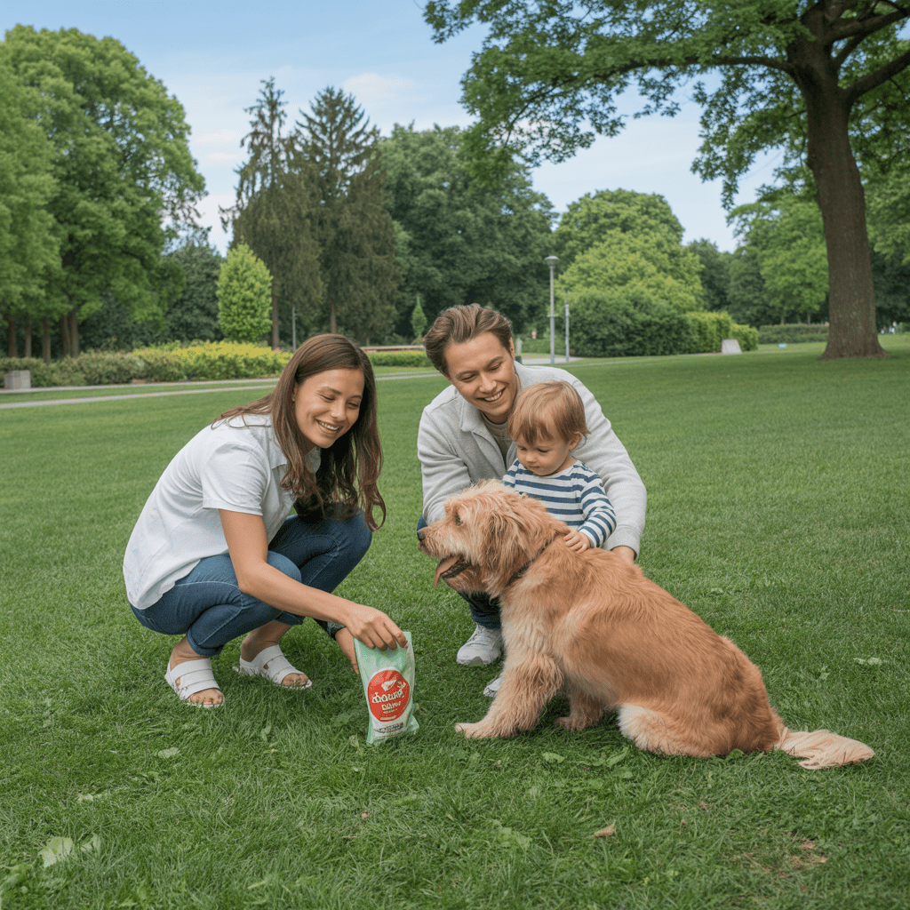 Hundekot wird hygienisch aufgenommen, Kind hält sicheren Abstand