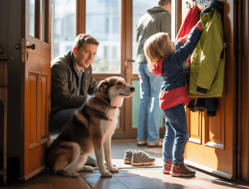 Hund wartet an der Tür, Familie bereitet sich auf Spaziergang vor