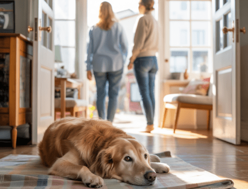 Hund bleibt ruhig auf seiner Decke, während Besuch ankommt.