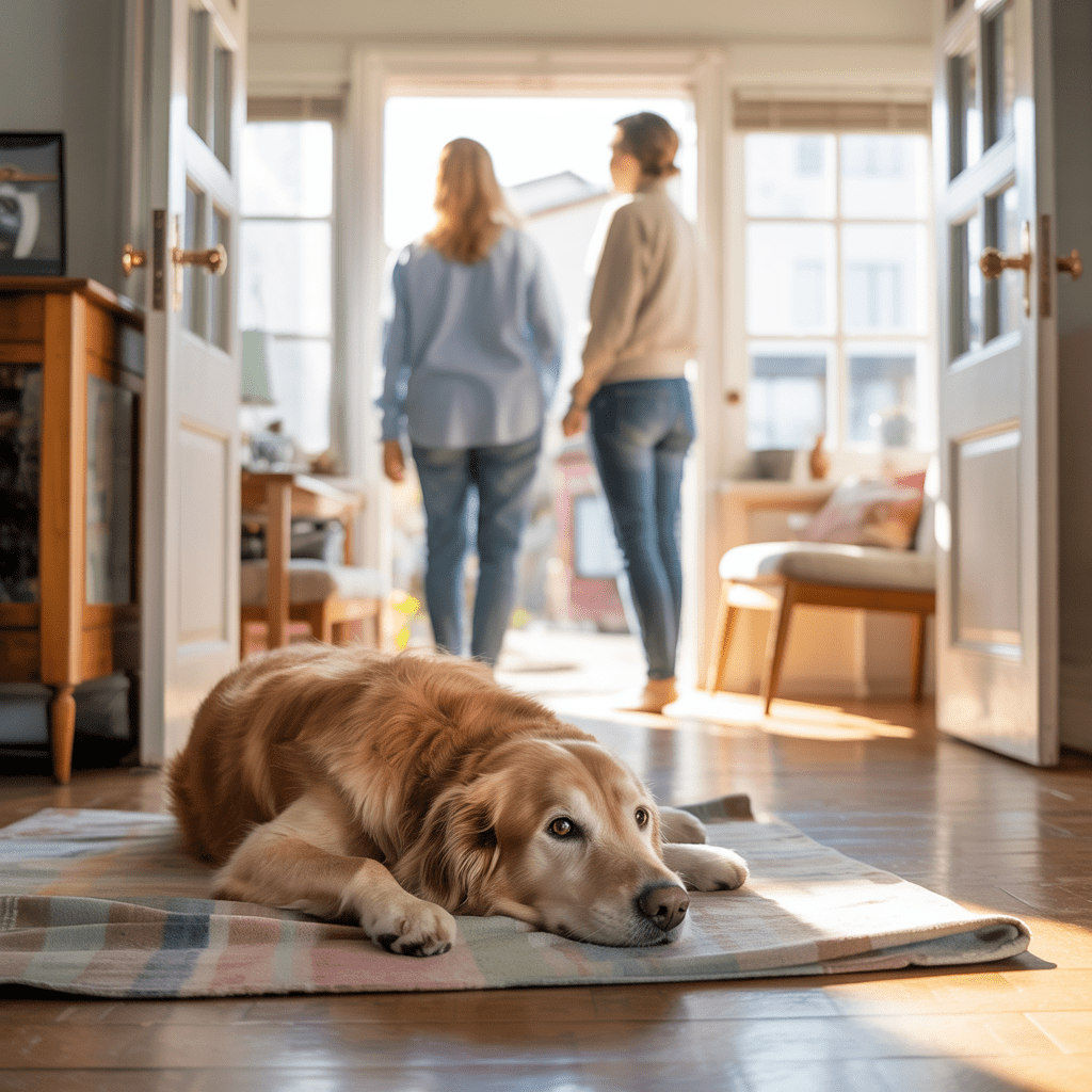 Hund bleibt ruhig auf seiner Decke, während Besuch ankommt.