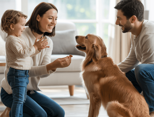 familie trainiert hund ruhig im wohnzimmer mit kind