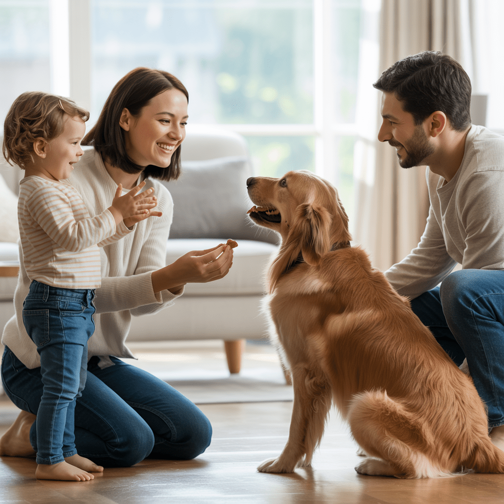 familie trainiert hund ruhig im wohnzimmer mit kind