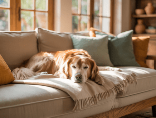 hund entspannt allein zu hause auf decke