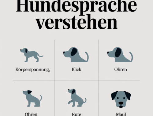 Infografik zur Hundesprache mit fünf Körpersprache-Signalen.