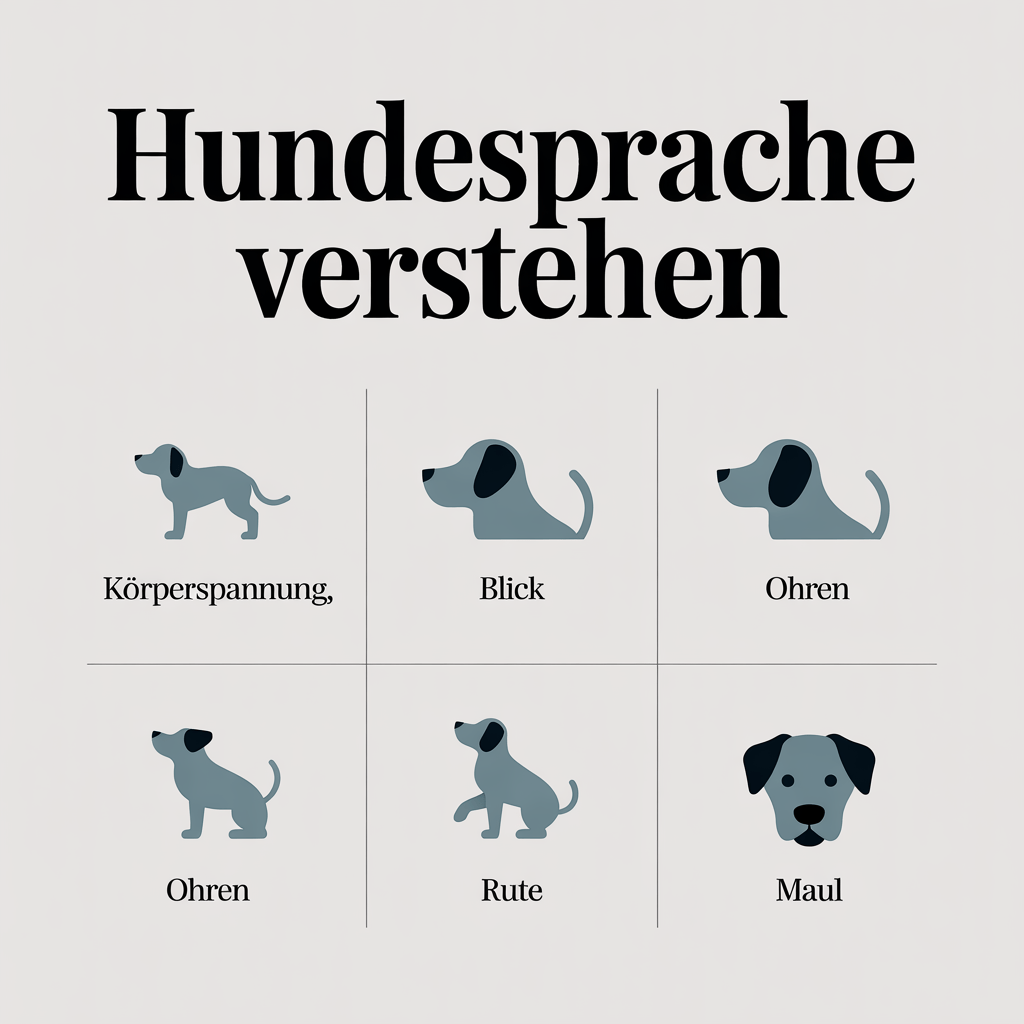 Infografik zur Hundesprache mit fünf Körpersprache-Signalen.