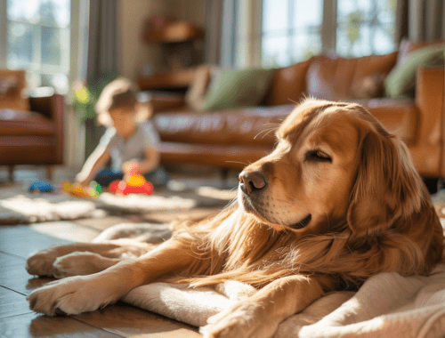 Hund ruht entspannt im Rückzugsort, während Familie im Hintergrund aktiv ist.