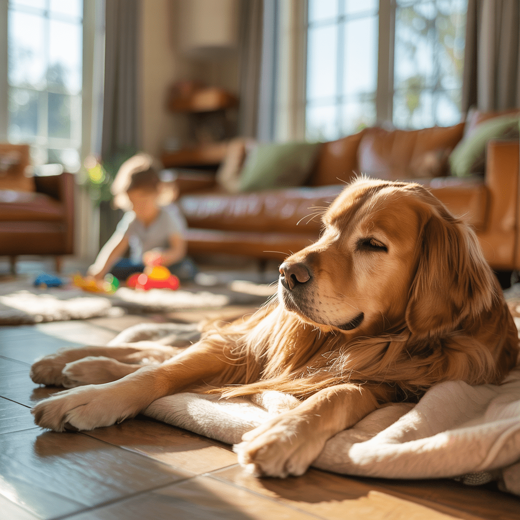 Hund ruht entspannt im Rückzugsort, während Familie im Hintergrund aktiv ist.