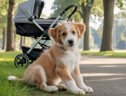 Welpe schaut entspannt zu einem vorbeifahrenden Kinderwagen