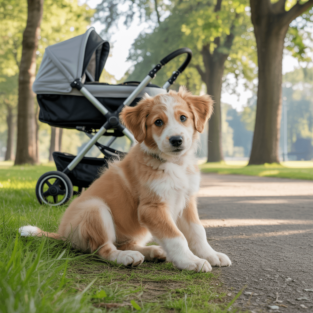 Welpe schaut entspannt zu einem vorbeifahrenden Kinderwagen