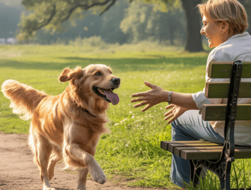Hund kommt auf Rückruf freudig zurück im Park