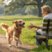Hund kommt auf Rückruf freudig zurück im Park