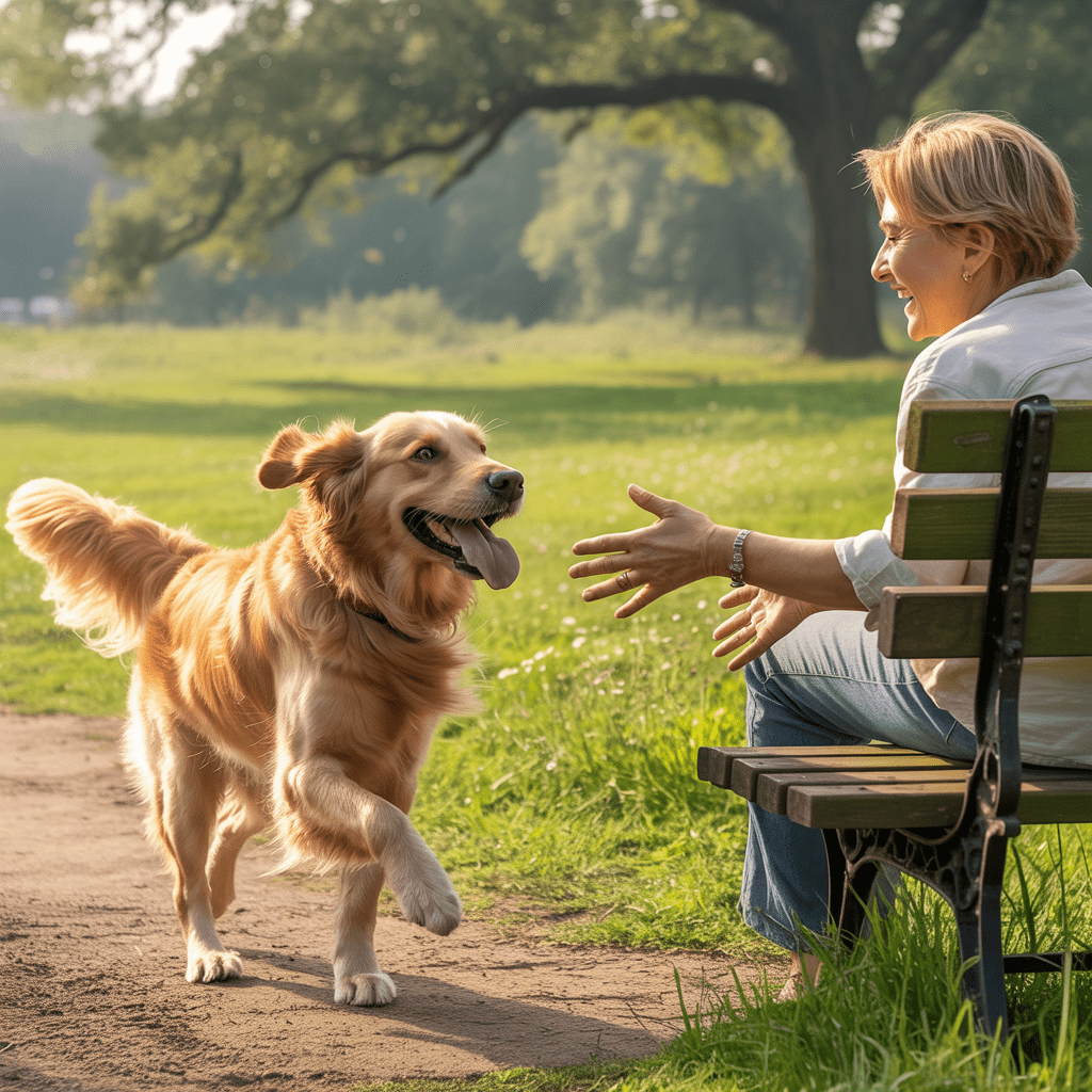 Hund kommt auf Rückruf freudig zurück im Park