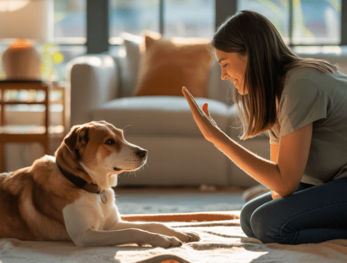 Hund übt Deckentraining und bleibt ruhig im Alltag.