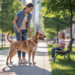 kind und hund sicher mit abstand auf parkbank