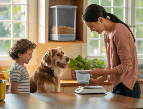 amilie portioniert Hundefutter sorgfältig in der Küche