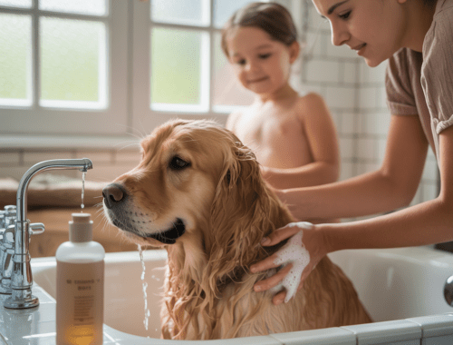 hund wird sanft gebadet und gründlich ausgespült