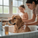 hund wird sanft gebadet und gründlich ausgespült