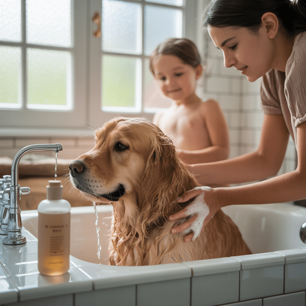 hund wird sanft gebadet und gründlich ausgespült